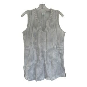 Sigrid Olsen Women Blue White Striped Embroidered Linen Sleeveless Blouse Size M